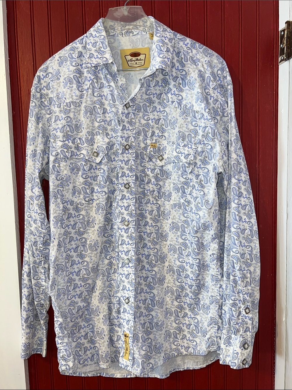 Larry Mahan White Button-Down Shirt with Light Blue Paisley Print L